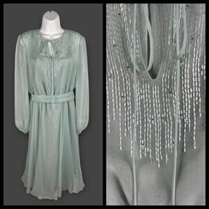 Vintage 70s Chiffon Beaded Maxi Dress Size 4 Gray Green Ethereal